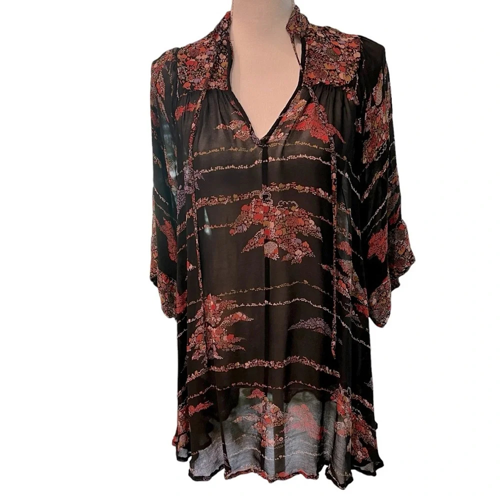 ASOS Sheer 3/4 Sleeve Tunic Blouse Black with Floral Print Women’s Size 4